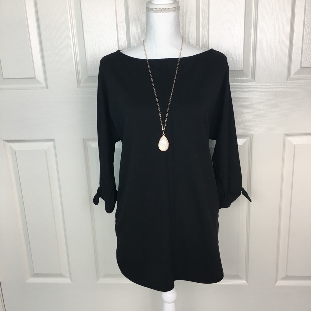 New Anne Klein Black Ribbon Sleeve Top Blouse S